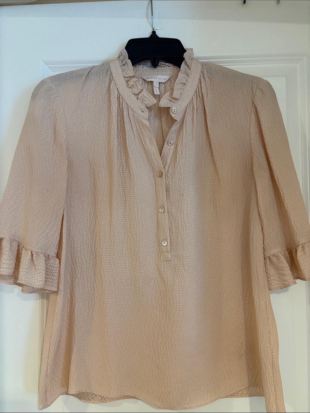 Rebecca Taylor Blush Pink Textured Ruffle Henley Blouse